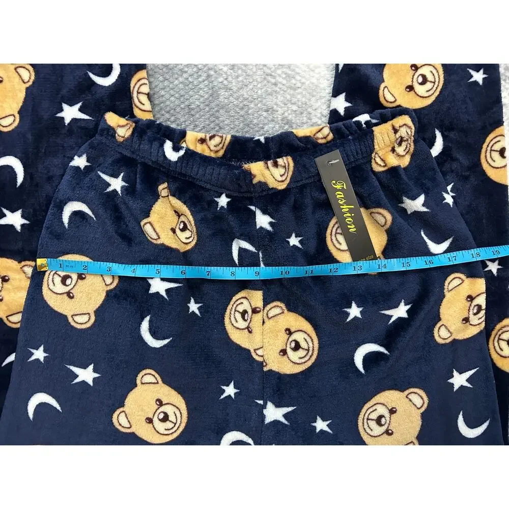 Fashion Navy Blue Plush Bear Moon Star Pajama Lounge Pants Women Size XS - Small - Picture 7 of 10
